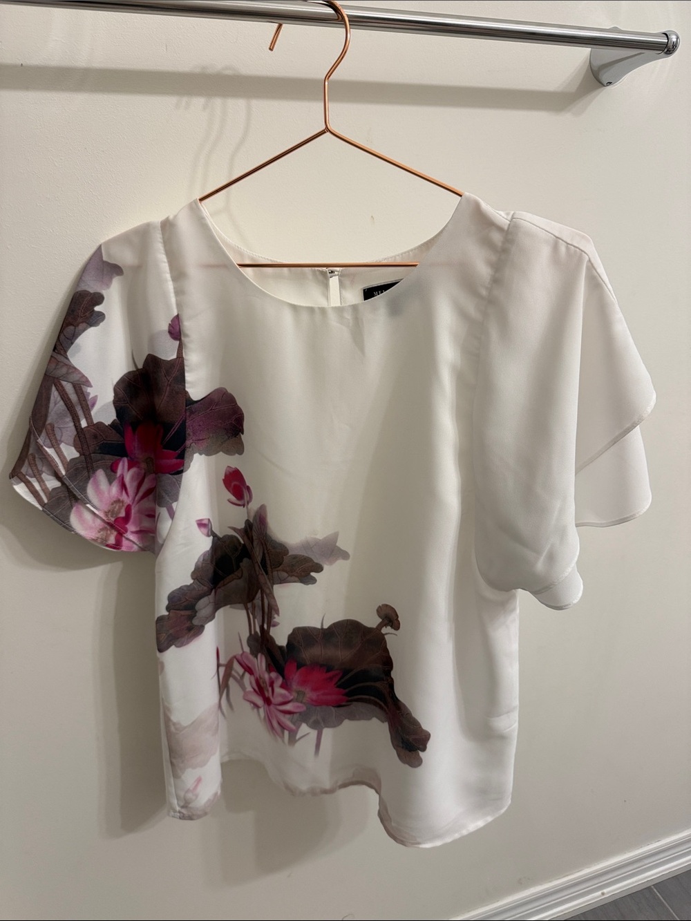 White Floral Flutter-Sleeve Blouse with Pink Accents